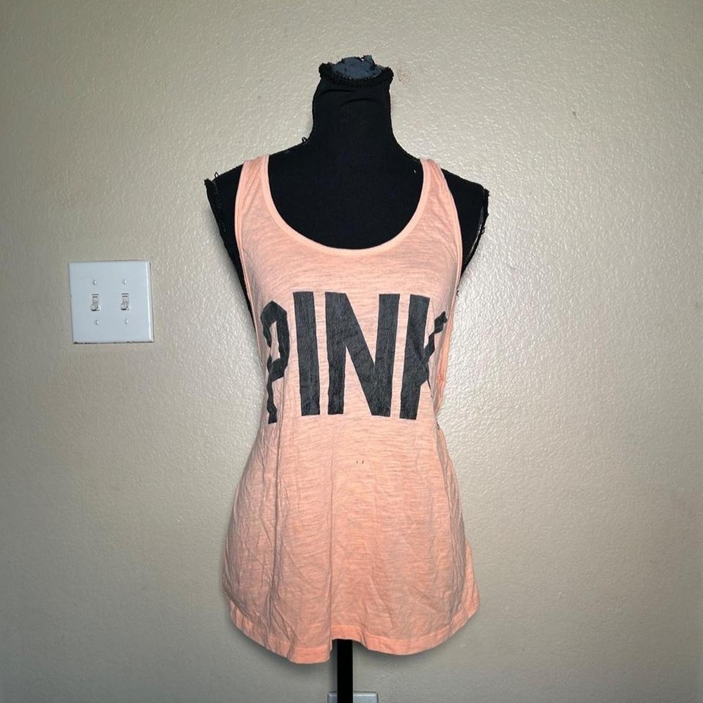 Victoria's Secret PINK Tank Top Large Peach Graphic Lace Back Y2K 2000s Vintage
